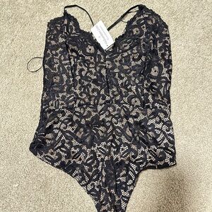 Windsor Black Floral Lace Bodysuit with Nude Lining
